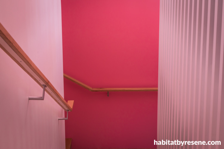 Stairwell, stairs, pink walls, pink stairs, Resene 