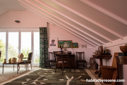 ceiling beams, white ceiling, patio doors, white walls, resene