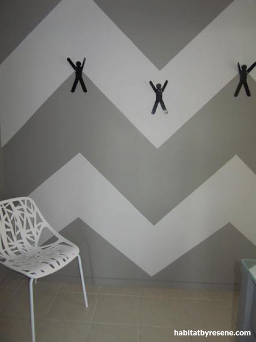 painted hallway, grey hallway, grey and white patterned wall, interior design