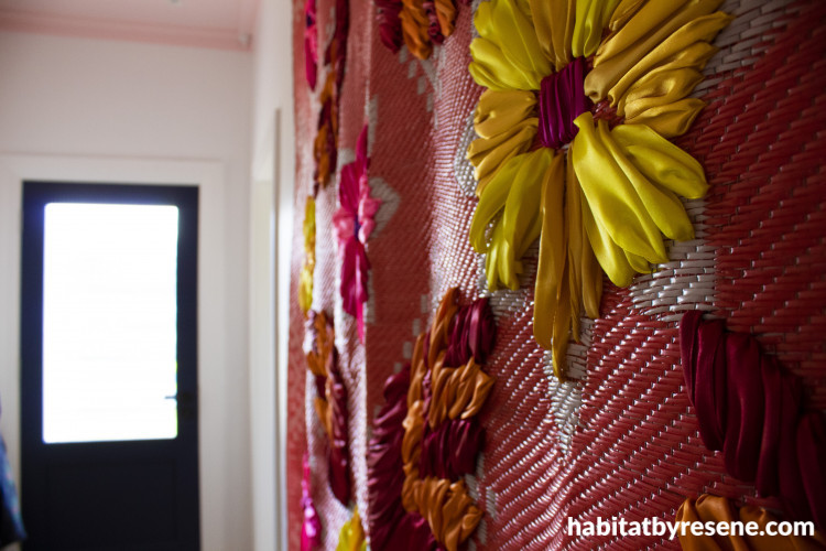 wall art, wall mat, pink ceiling, white walls, Resene 