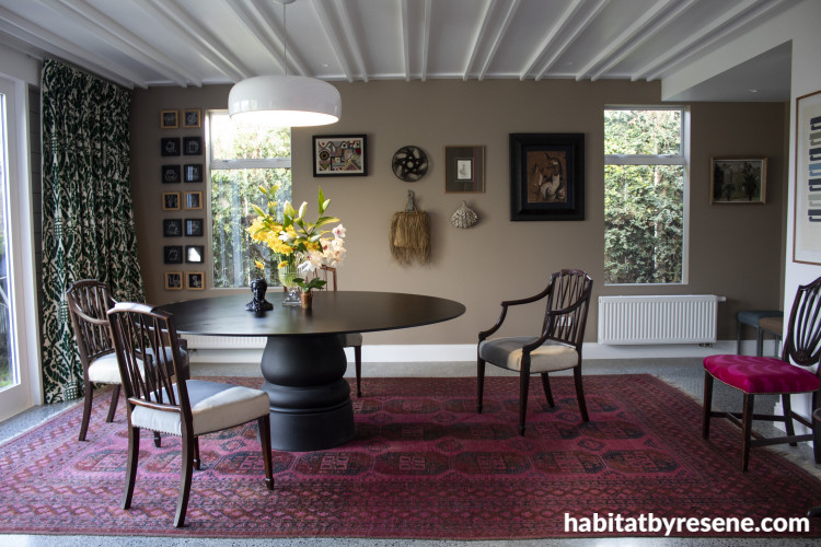 Dining room, Dining area, neutrals, brown walls, feature wall, art wall, white ceiling, Resene 