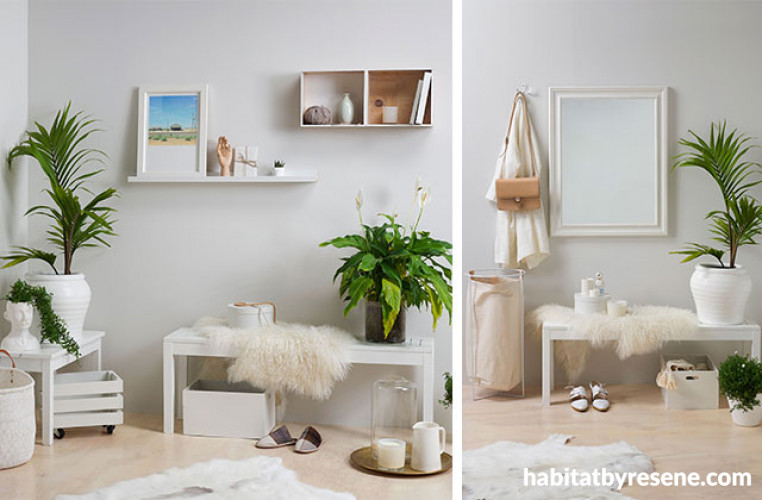 white bedroom, neutral bedroom, white entranceway, neutral entranceway, resene whites