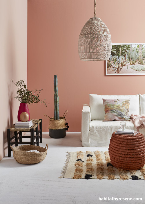 living room, lounge, pink living room, pink lounge, sunset pink, pink interior, resene just dance