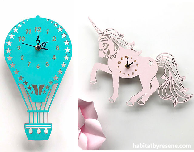 clocks, bamboo clocks, inscribe design, unicorn clock, hot air ballon clock, gift ideas