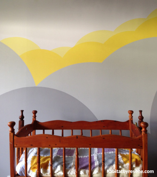nursery, cloud feature wall, painted clouds, clouds nursery, cloud wall art, children's room