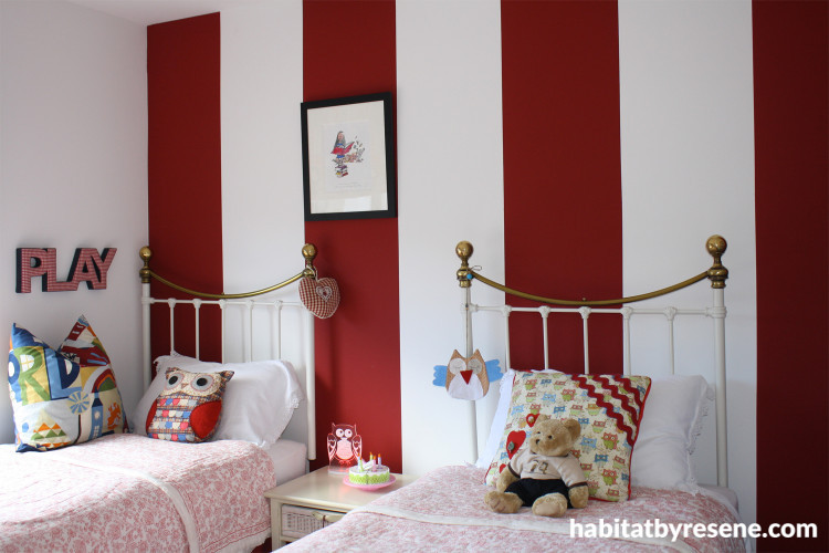 kids bedroom, children's bedroom, red and white stripes, feature wall, interior, paint, owl