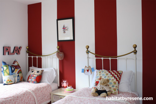 kids bedroom, children's bedroom, red and white stripes, feature wall, interior, paint, owl 
