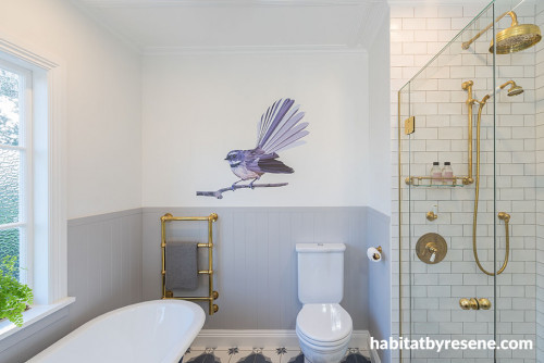 blue bathroom, kids bathroom, tongue and groove, resene, fantail decal, bath tub, brass tapware