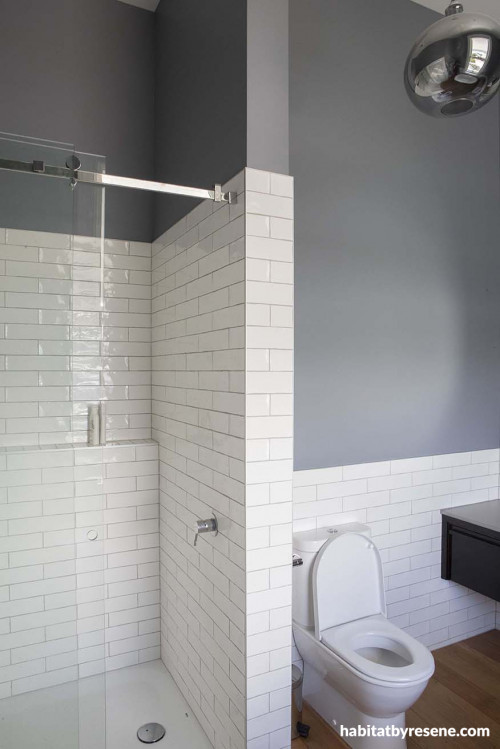 grey bathroom, resene raven, white subway tiles, matai, timber floors