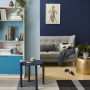 living room, lounge, blue living room, blue lounge, dark blue feature wall, timber floors
