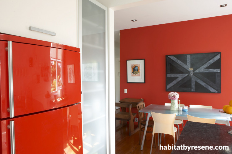 red fridge, red kitchen, interior, paint, feature wall, modern kitchen
