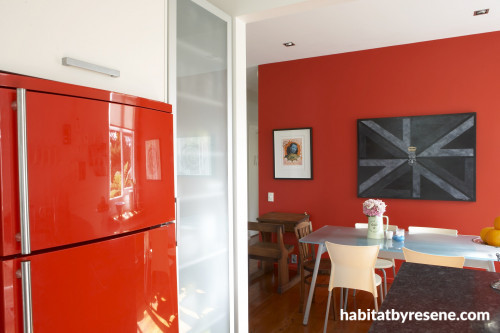 red fridge, red kitchen, interior, paint, feature wall, modern kitchen