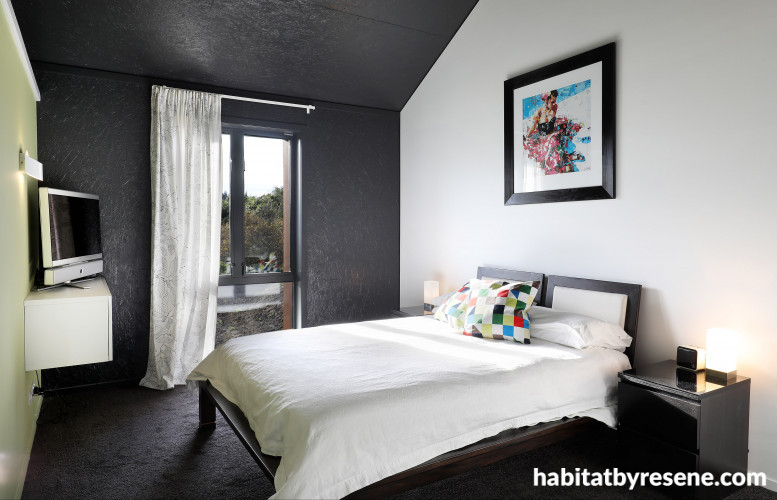 bedroom, black and white bedroom, green feature wall, black bedroom, resene nocturnal