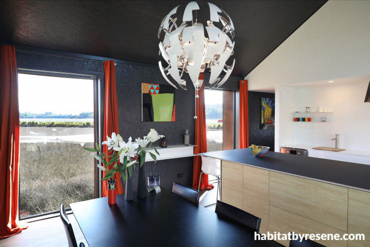kitchen, dining room, black and white kitchen, black dining room, black interior, resene nocturnal