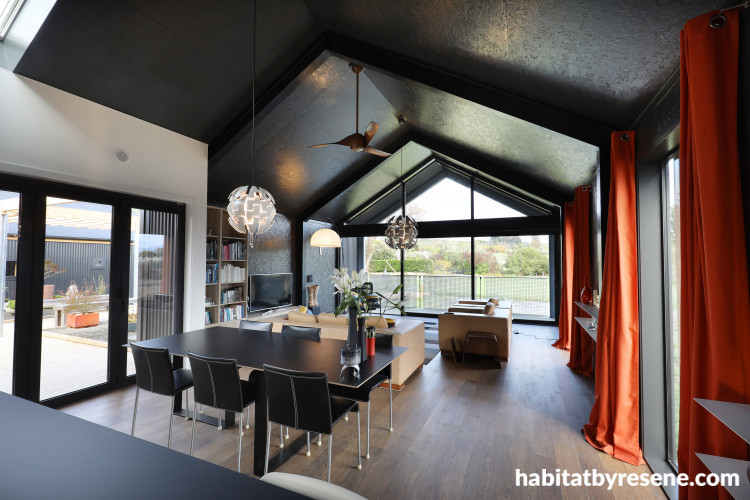 dining room, black dining room, black and white, black ceiling, resene nocturnal, black interior