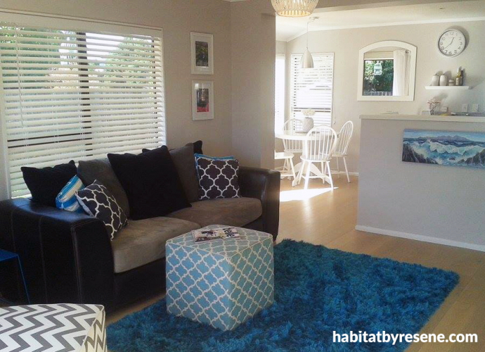 coastal cottage, modern cottage, neutrals, blue, open plan living, lounge, dining