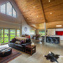 kitchen, living room, lounge, open-plan living, red splashback, high ceiling, interior design