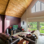 lounge, living room, timber ceiling, high ceiling, feature wall, purple paint, white paint, interior