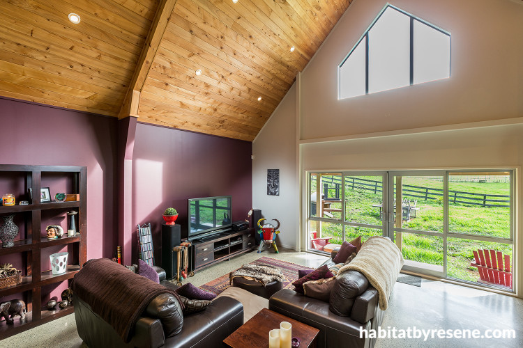 lounge, living room, timber ceiling, high ceiling, feature wall, purple paint, white paint, interior