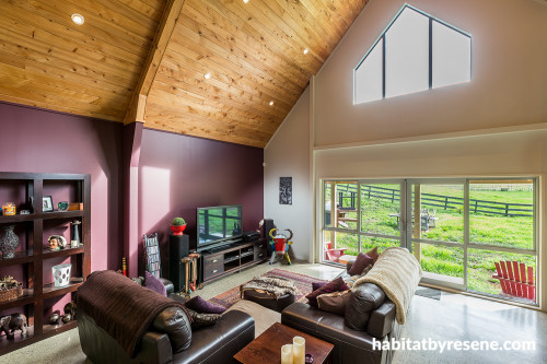 lounge, living room, timber ceiling, high ceiling, feature wall, purple paint, white paint, interior