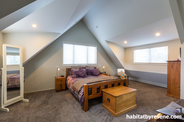 master bedroom, pitched roofline, high ceiling, cream walls, cream paint