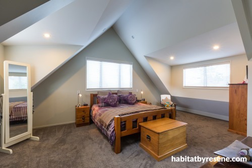 master bedroom, pitched roofline, high ceiling, cream walls, cream paint