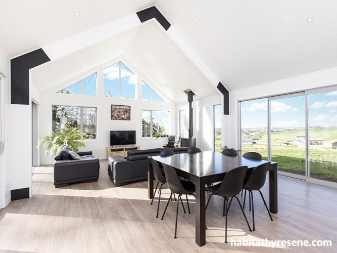 living room, white living room, white dining room, black and white, indoor outdoor flow