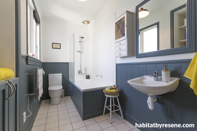 bathroom, blue, tongue and groove, dado
