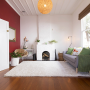 Living room, lounge, red, painted bricks, painted fireplace, paint ideas, paint trends