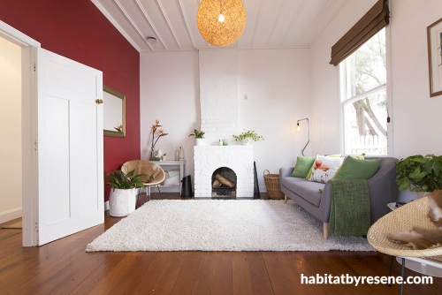 Living room, lounge, red, painted bricks, painted fireplace, paint ideas, paint trends