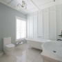 bathroom, white bathroom, blue bathroom, blue feature wall, pastel blue