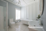 bathroom, white bathroom, blue bathroom, blue feature wall, pastel blue