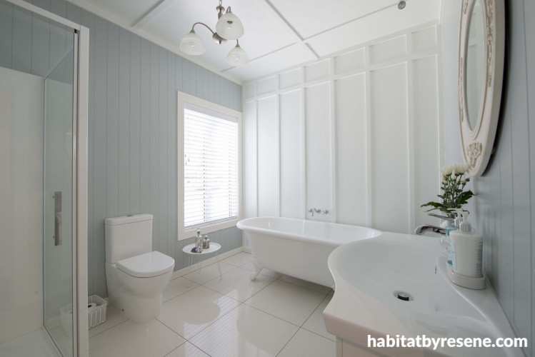 bathroom, white bathroom, blue bathroom, blue feature wall, pastel blue