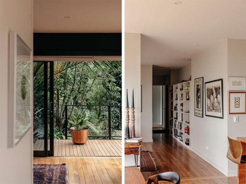 entranceway, hallway, indoor outdoor flow, beige interior, neutral interior, deck stain