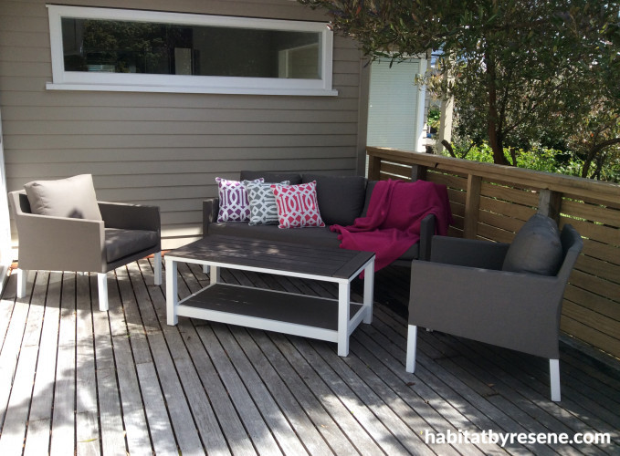 house exterior, deck, outdoor living, brown exterior, painted weatherboards, brown house