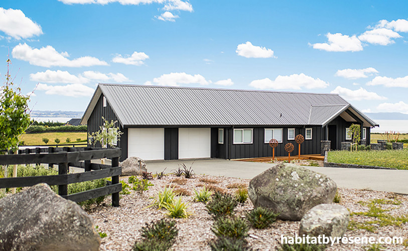 house exterior, black house, garden, black exterior, black and white house