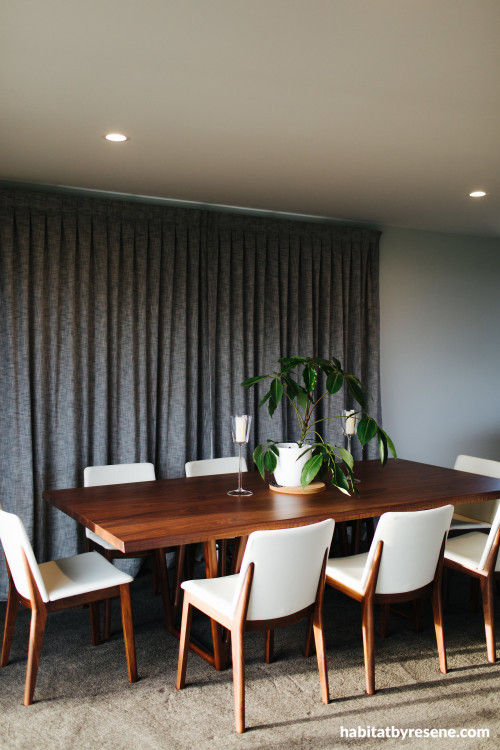 dining room, grey dining room, grey interior, resene half foggy grey, white ceiling