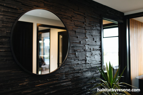 entranceway, black entranceway, black feature wall, resene nero, black and white, black hallway