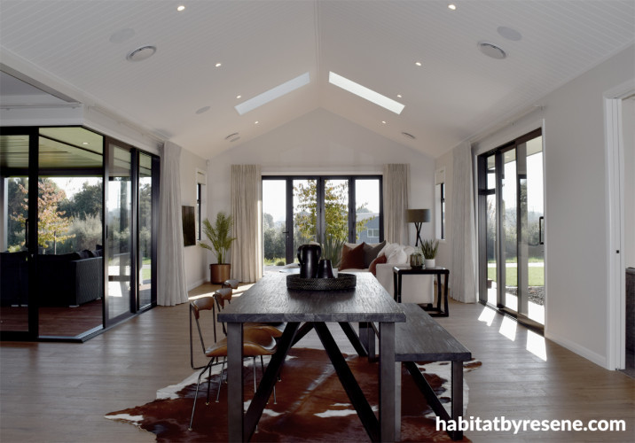 open plan living, dining room, living room, black and white dining room, white dining room