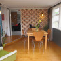 retro, retro house, 1970s home, dining room, wallpaper feature wall, retro wallpaper, grey, orange
