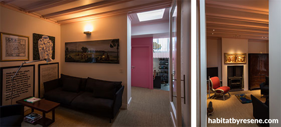 Den, batten ceiling, ceiling, sky light, hallway, stairwell, living room, Resene 