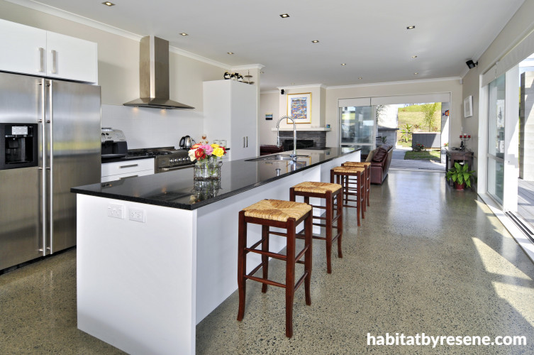 beach house, kitchen, white kitchen, open plan living, concrete floors
