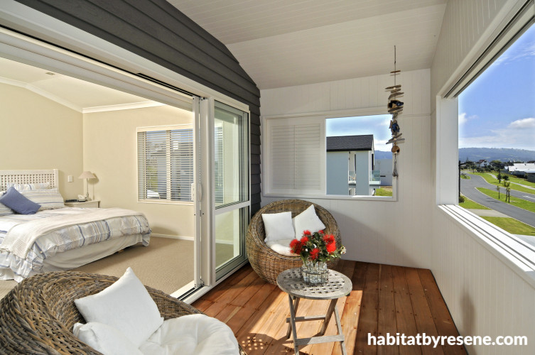 beach house, deck, bedroom, bedroom deck, white bedroom, black and white, covered deck