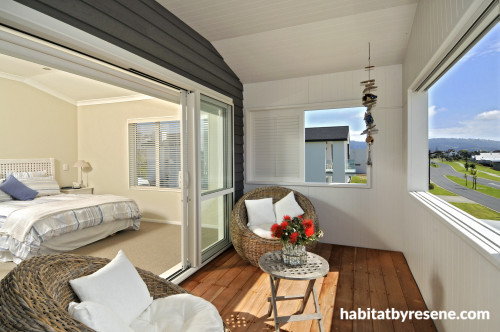 beach house, deck, bedroom, bedroom deck, white bedroom, black and white, covered deck