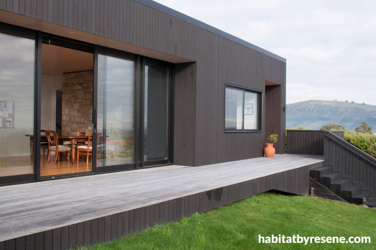 house exterior, black house, brown house, stain, cedar cladding, stone feature wall