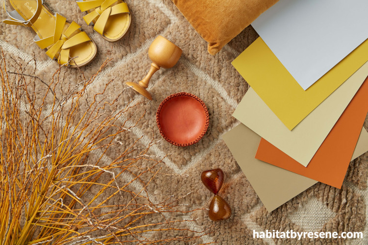 moodboard, interior inspiration, resene duck egg blue, mustard, burnt orange, resene thumbs up