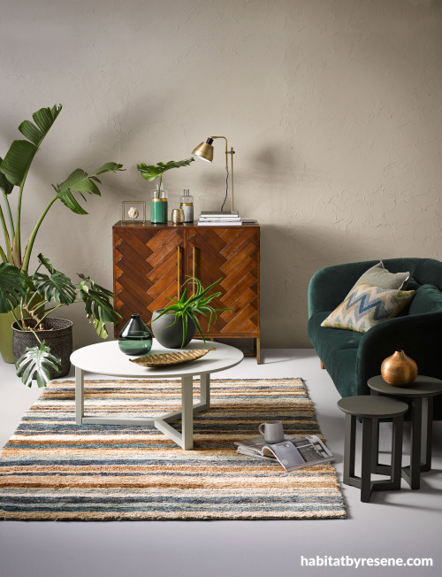 lounge, living room, earthy tones, brown lounge, brown living, green couch, resene double ash