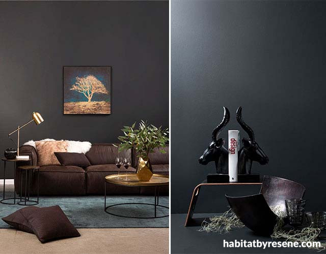 dark feature wall, living room, lounge, brown sofa, nood furniture