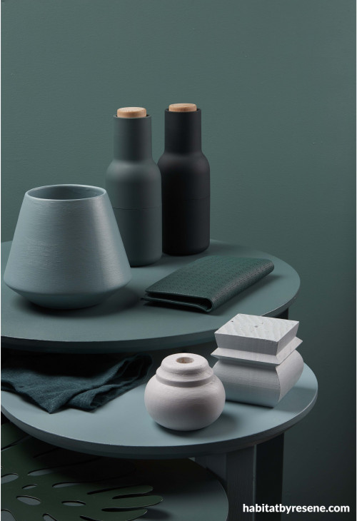 green colour palette, table display, interior styling, green paint, Resene Cutty Sark, tone