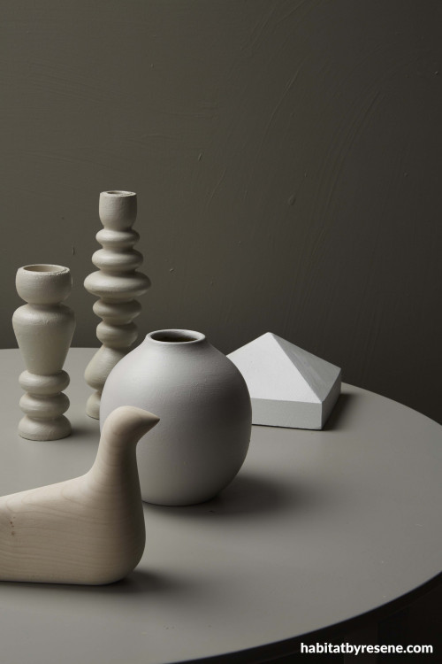 grey colour palette, table display, interior styling, blue paint, tone, beige